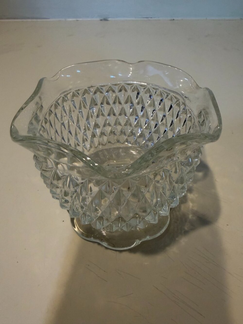 VINTAGE INDIANA CLEAR GLASS DIAMOND POINT MAYONNAISE MAYO PEDESTAL BOWL 3 1/4"